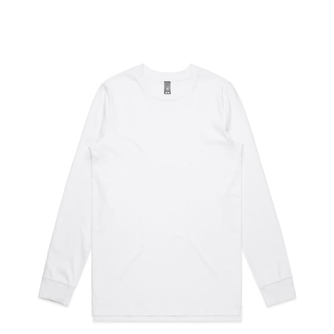 A white long-sleeve T-shirt with a crew neckline and a branding logo.