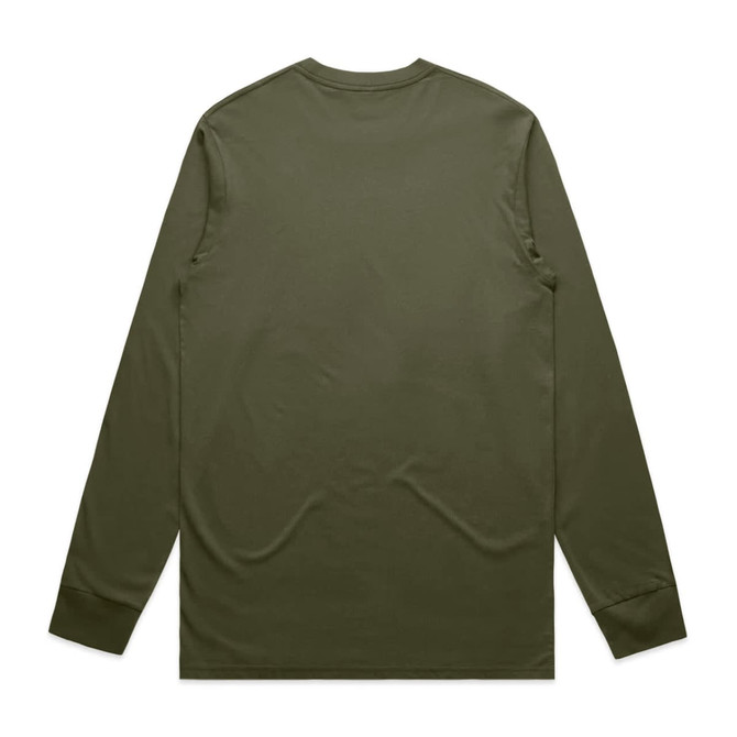 A long-sleeve t-shirt in olive green with a simple design and back view. It features a logo on the back.