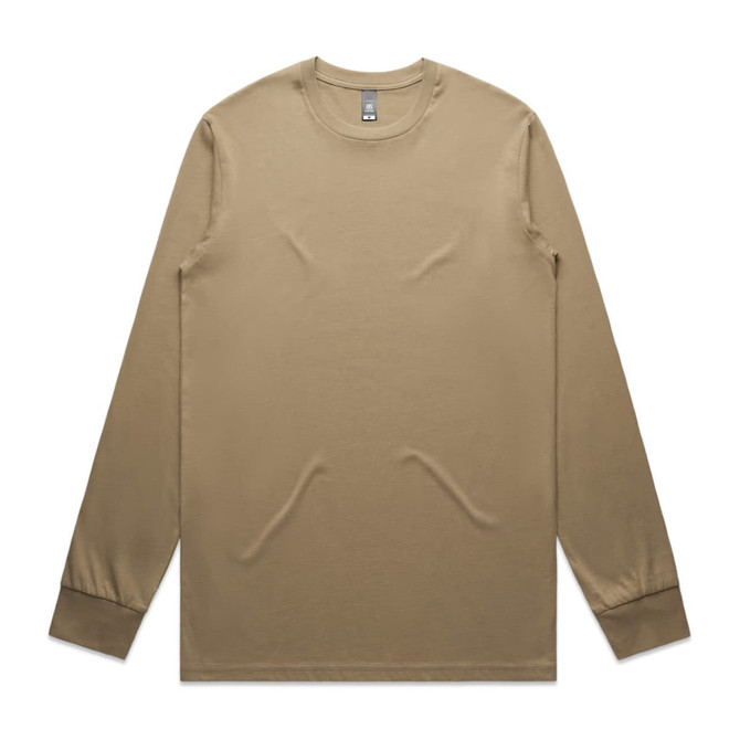 A long-sleeve t-shirt in a beige colour with a round neckline and fitted cuffs. It features a logo.