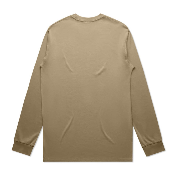 A long-sleeve T-shirt in a muted khaki shade, featuring a simple design and a rear view.