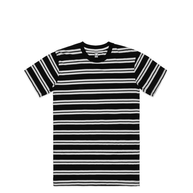 A black and white striped t-shirt with a crew neck and short sleeves, featuring a logo on the label.