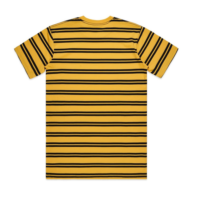 A striped yellow T-shirt featuring black stripes and a logo on the back.