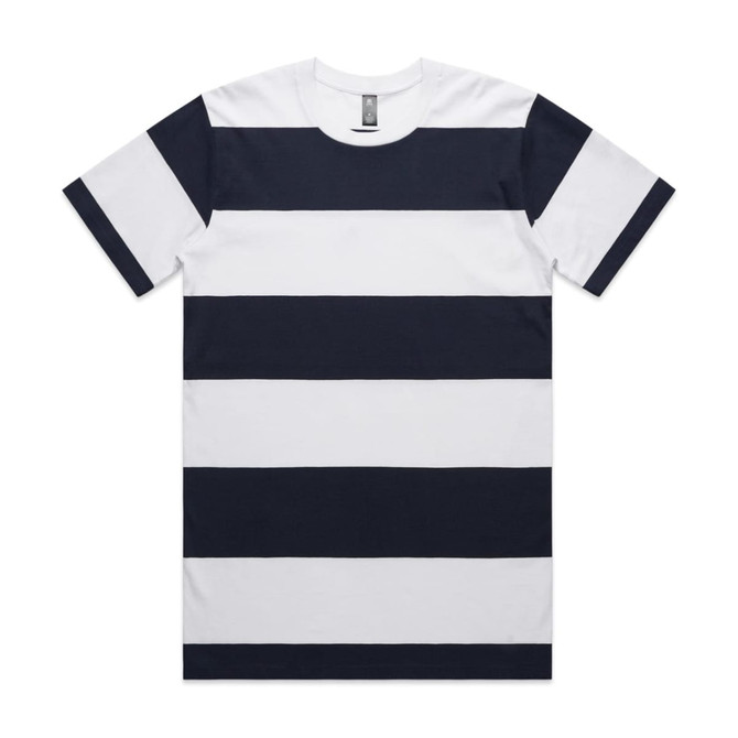 A striped T-shirt featuring alternating navy and white stripes, with a round neckline and a logo on the label.