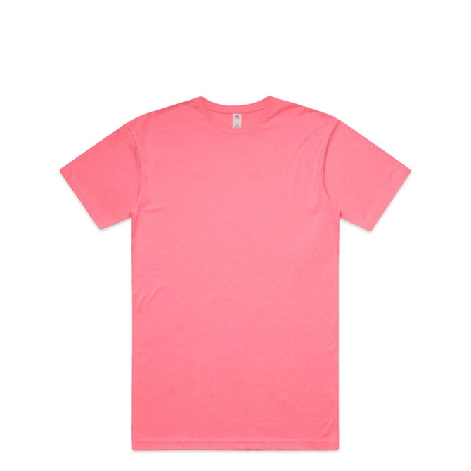 A pink work t-shirt featuring a plain back design and a logo on the neckline.