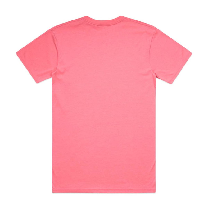 A vibrant pink work T-shirt featuring a simple design with a logo on the front.