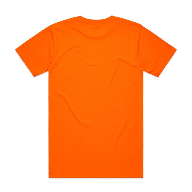 An orange work t-shirt featuring an unfinished back design and a logo on the neck area.