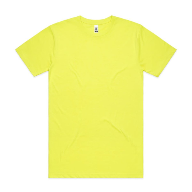 A bright yellow work t-shirt featuring a crew neck and short sleeves. It has a simple design and a logo.