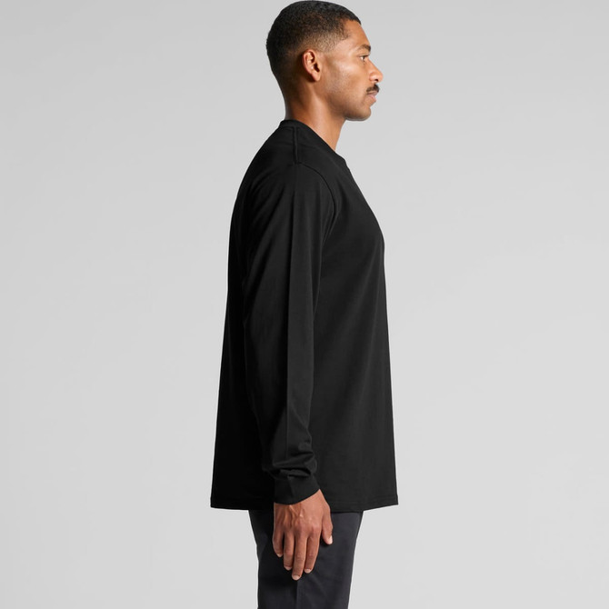 A side view of a black long-sleeve t-shirt with a simple design and a logo.