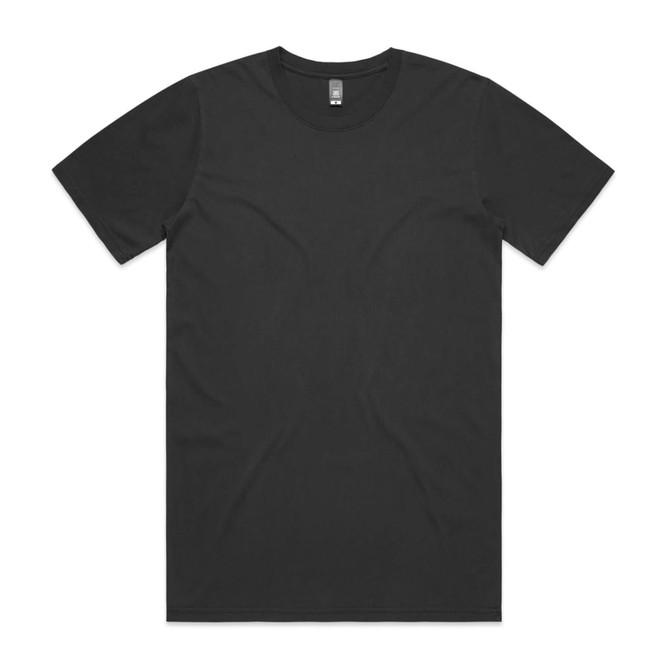 A black t-shirt with a crew neck and short sleeves, featuring a logo on the label.