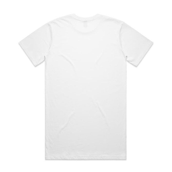A plain white t-shirt displayed flat, featuring a standard crew neckline and short sleeves. It has a logo on the back.
