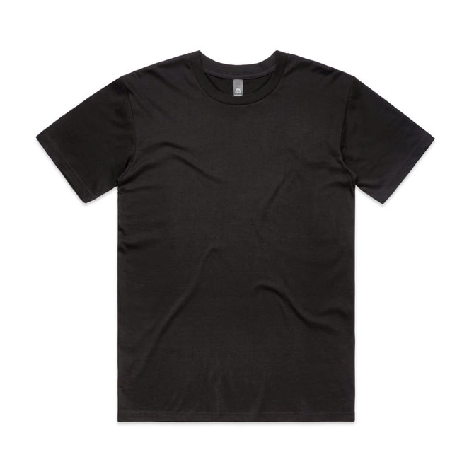 A black t-shirt with a round neckline, featuring short sleeves and no visible logos or branding.