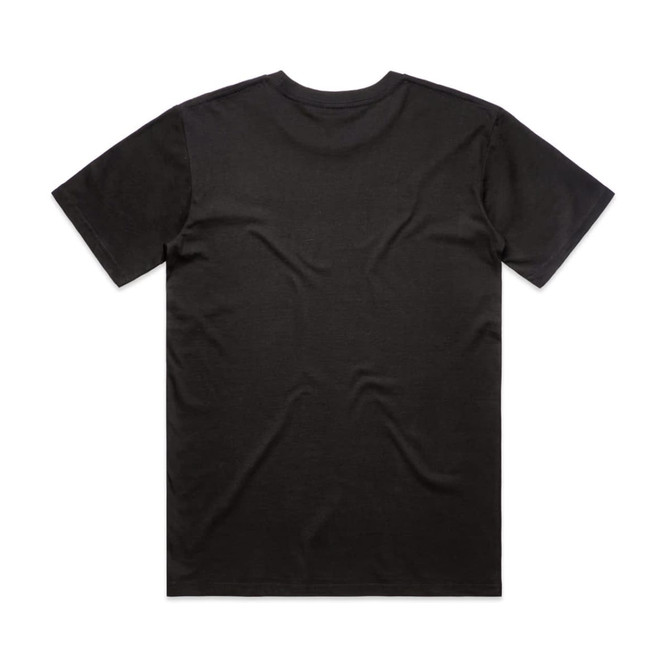 A black T-shirt with short sleeves and a plain back, featuring a logo.