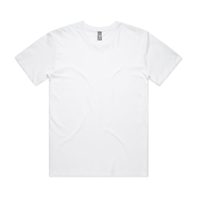 A white short-sleeved t-shirt with a round neckline and a label, featuring a logo.