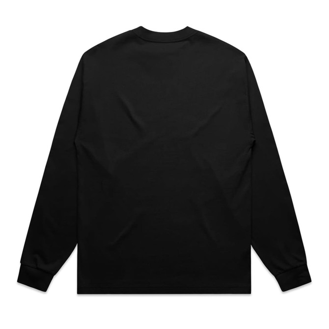 A long-sleeve black t-shirt featuring a plain back design, with fitted cuffs. It includes a branding logo.