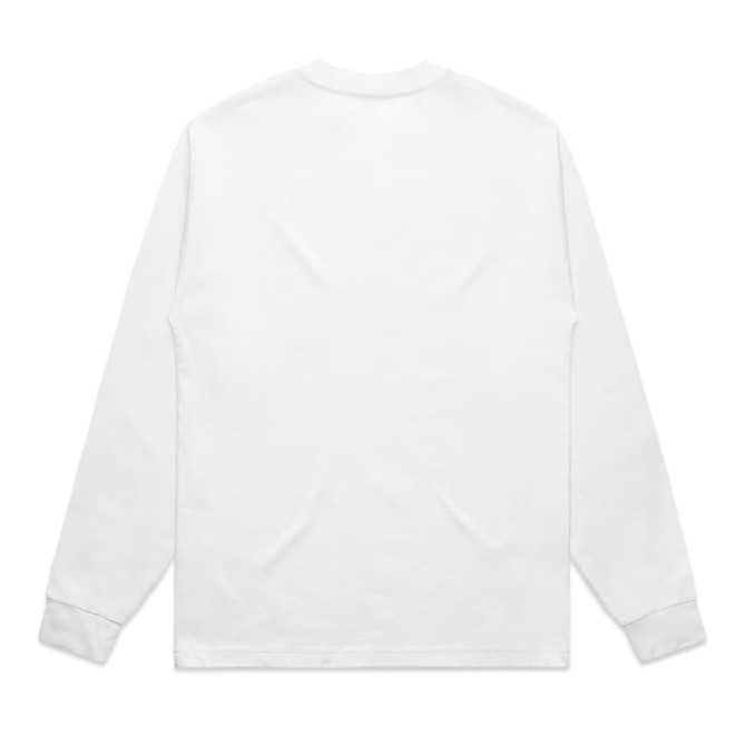 A white long-sleeve tee with a plain back, featuring a logo on the label area.