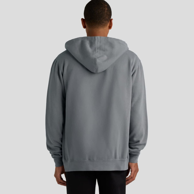 A grey hoodie with a hood, featuring a logo, viewed from the back.