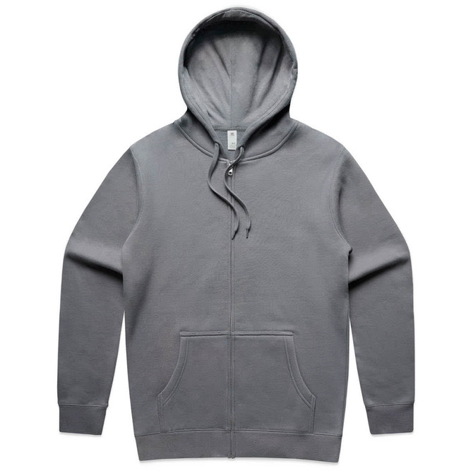 A grey zip hoodie featuring a drawstring hood and a front pocket, with a logo on the label.