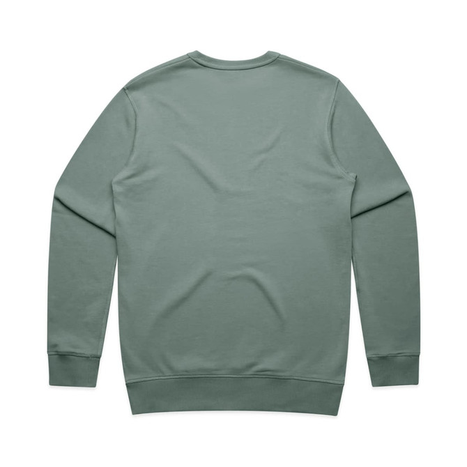 A green sweater with a crew neck and long sleeves, featuring a plain back design and ribbed cuffs.