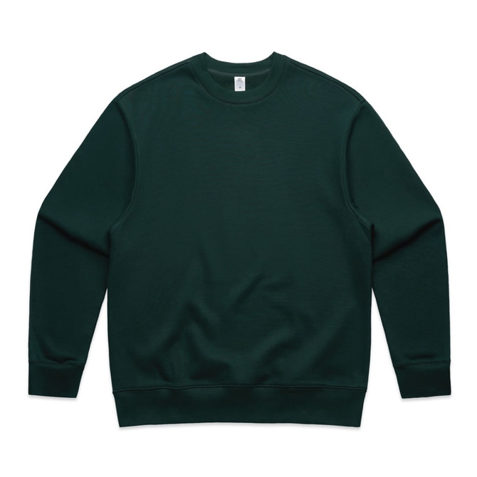 A green jumper with a classic crew neck and long sleeves. It features a logo on the front.