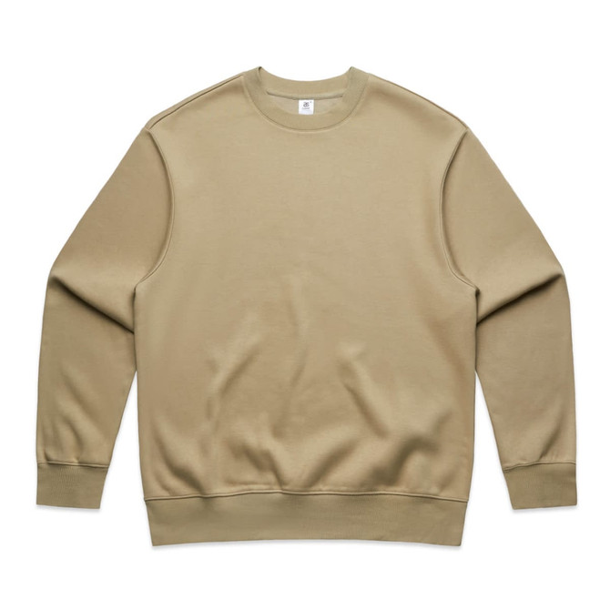 A beige jumper featuring a simple design and a crew neckline. The garment has a logo on it.