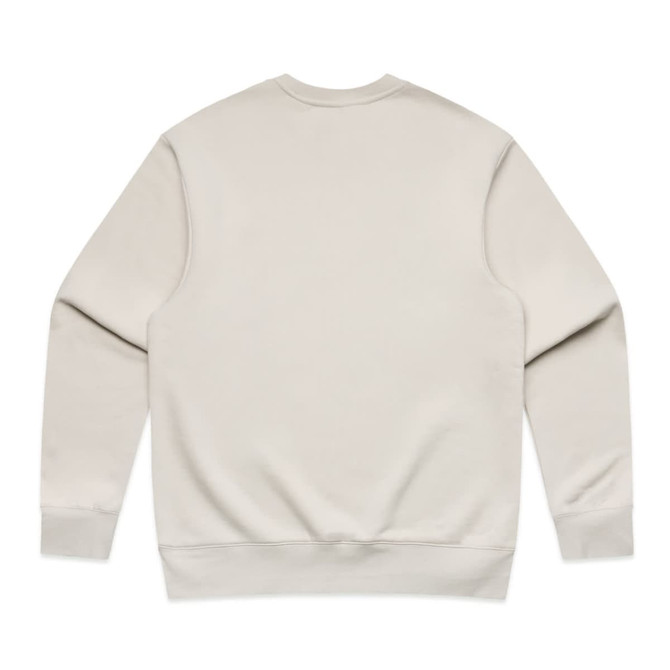 A light beige jumper with a plain back design and ribbed cuffs and hem. It features a logo on the neckline.