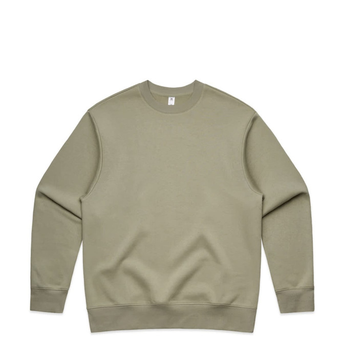 A light olive-green jumper features a simple design with long sleeves and a crew neckline. It includes a logo.