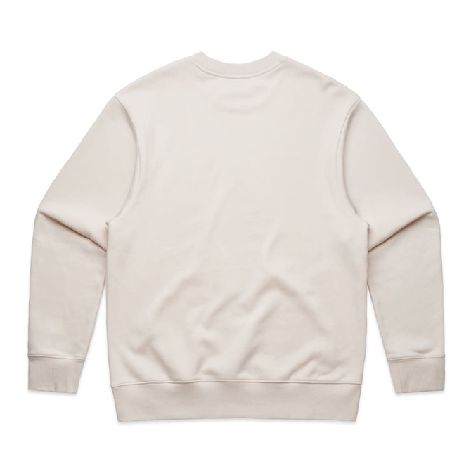 A cream-coloured jumper featuring a simple design and a ribbed hem. It has a logo on the back.