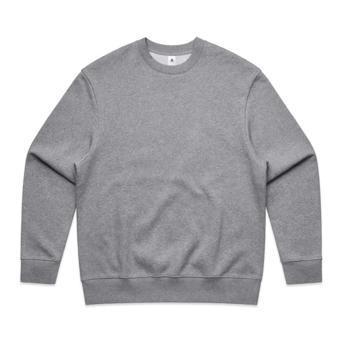 A grey sweatshirt with long sleeves and a crew neck, featuring a subtle branding logo.