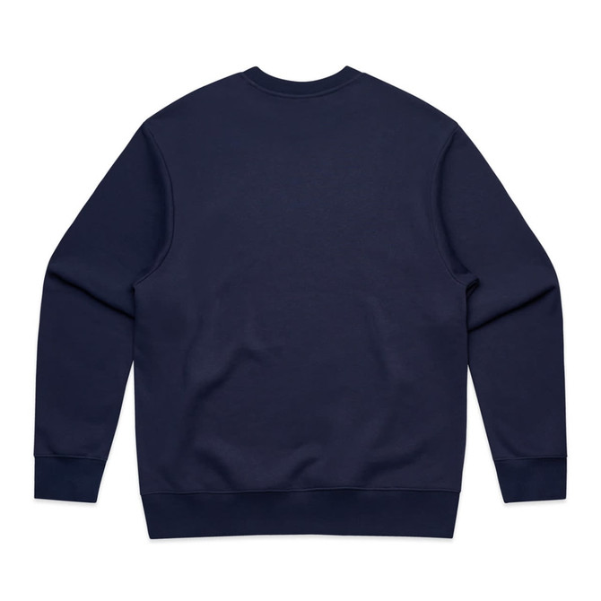 A navy blue jumper featuring long sleeves and a crew neck, with a plain back and a logo.