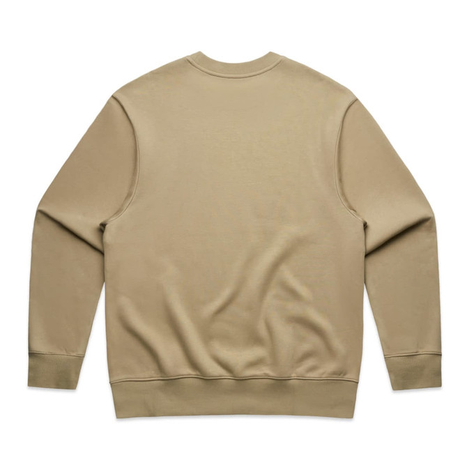 A tan jumper featuring a round neck and long sleeves, with a smooth back design and a branding logo.