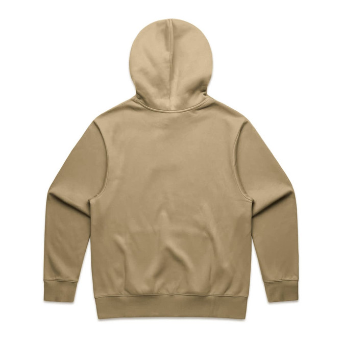 A beige hoodie featuring a hood and a simple design on the back, with a logo present.