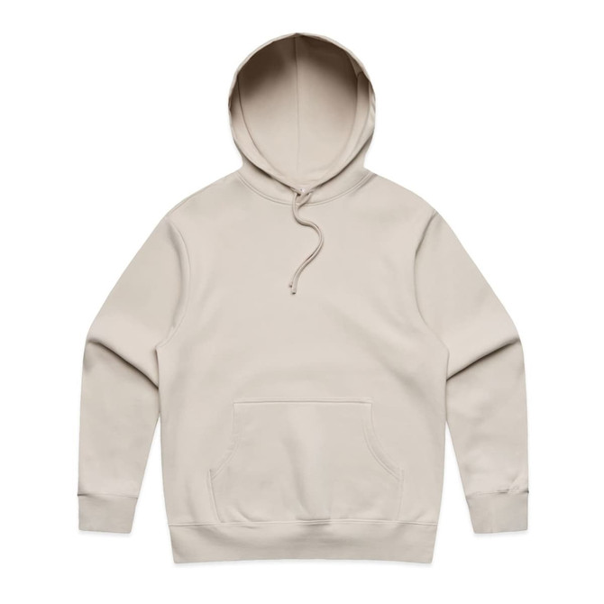 A beige hoodie with a front pocket and a drawstring hood, featuring a logo on the chest area.