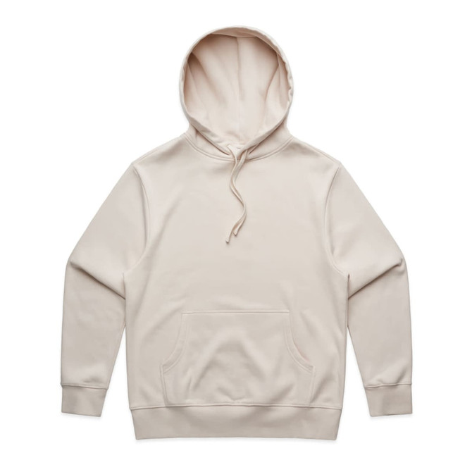 A beige hoodie featuring a front pocket and a drawstring hood. The garment has a branding logo.