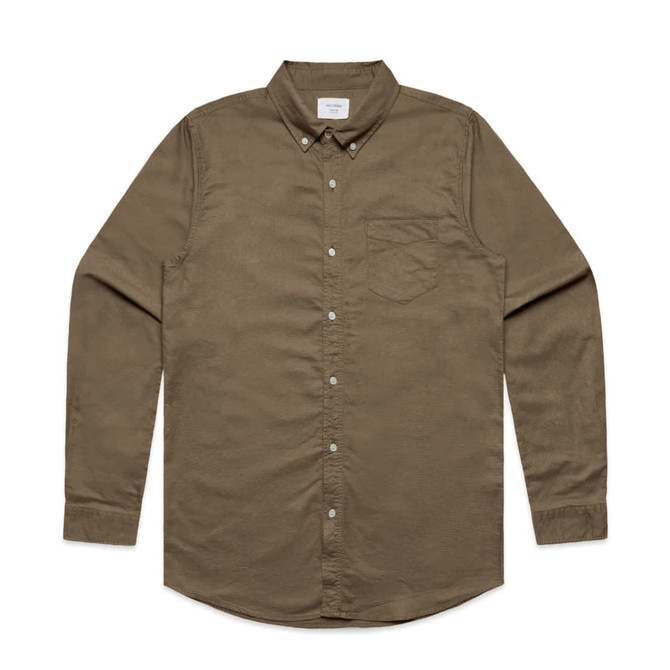 A button-up Oxford shirt in olive green, featuring a collar and a single chest pocket. It has a logo on the label.