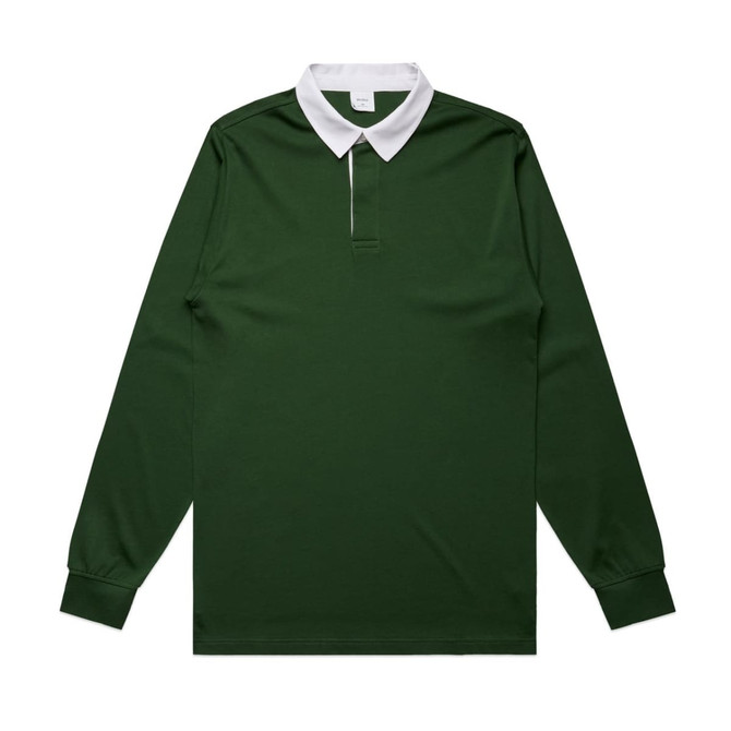 A dark green rugby jersey with a white collar and long sleeves, featuring a small placket. It includes a logo.