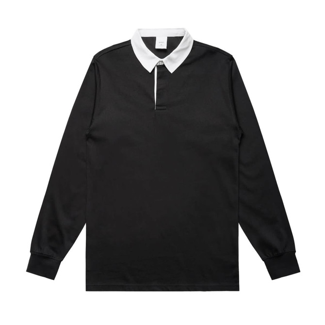 A black rugby jersey with a white collar and long sleeves, featuring a small front placket and a logo.