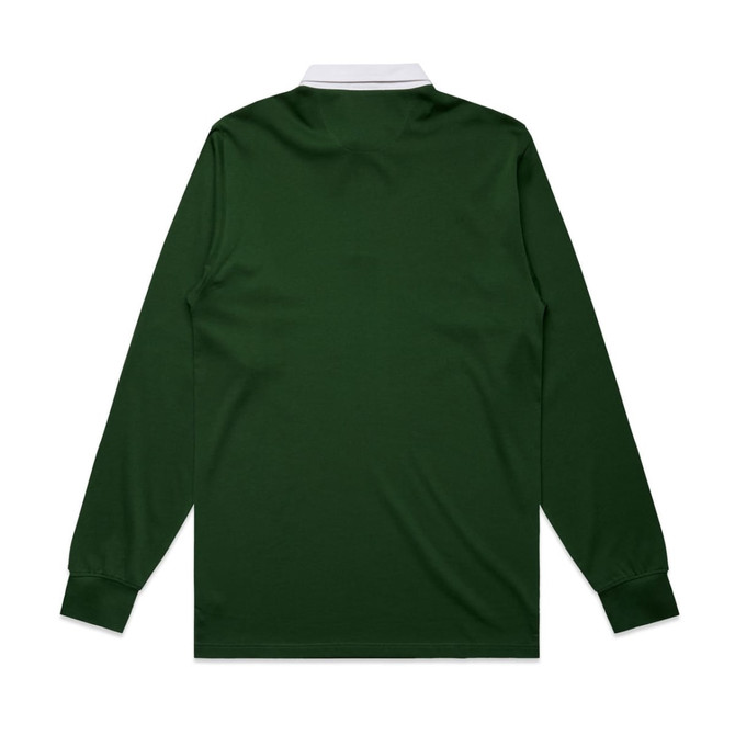 A dark green rugby jersey with long sleeves and a white collar, featuring a blank back and no visible branding.