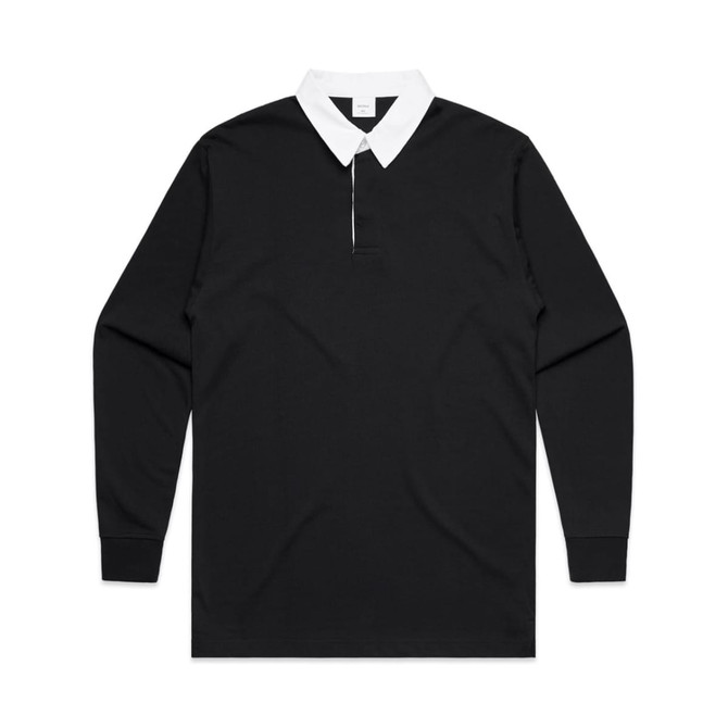 A long-sleeve black rugby jersey with a white collar and a front zip. It features a logo on the chest.