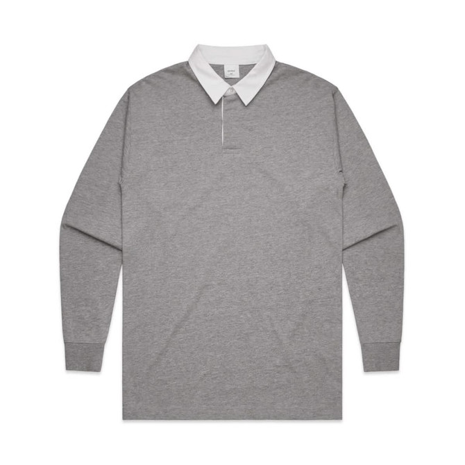 A grey rugby jersey with long sleeves and a white collar, featuring a logo on the chest.