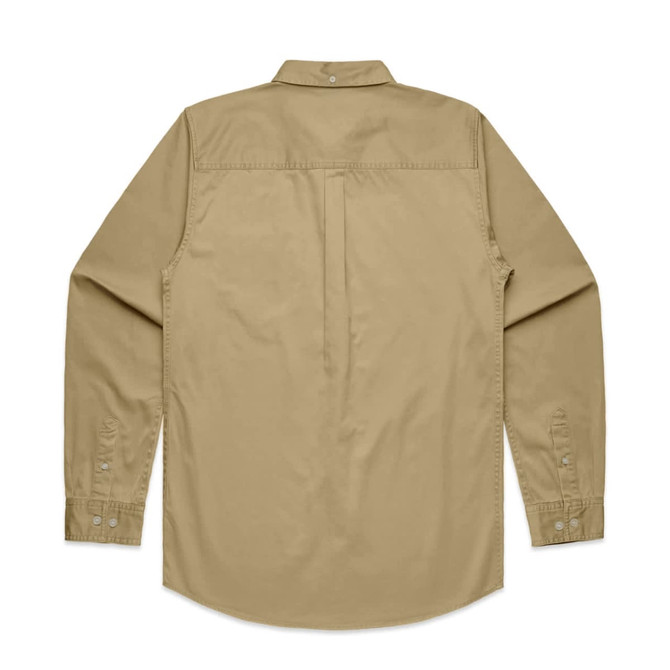 A khaki denim wash button-up shirt featuring long sleeves and a back pleat design. It includes a logo on the collar.