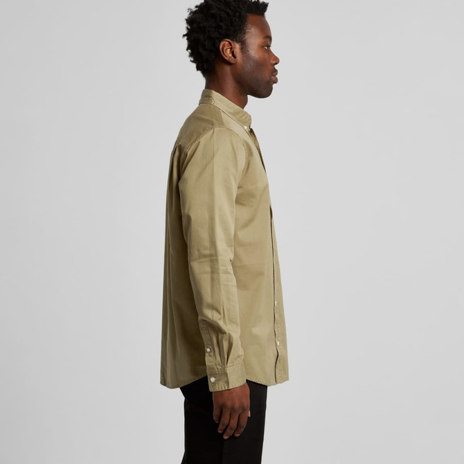 A khaki button-up shirt with a collared neckline and long sleeves, featuring a logo on the chest.