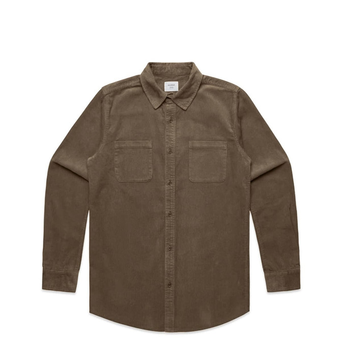A button-up cord shirt in a brown hue featuring a collared neck and two chest pockets. It has a subtle logo.