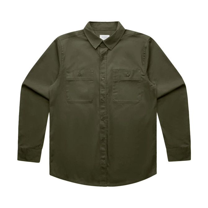 An olive green long-sleeve work shirt with a button-down collar and two chest pockets. Features a logo.