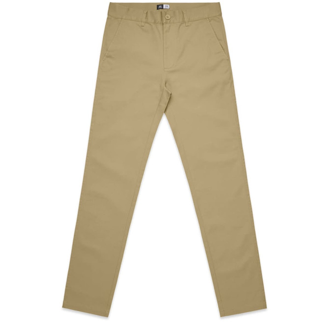 A pair of beige standard pants with a sleek, tailored fit and a logo on the waistband.