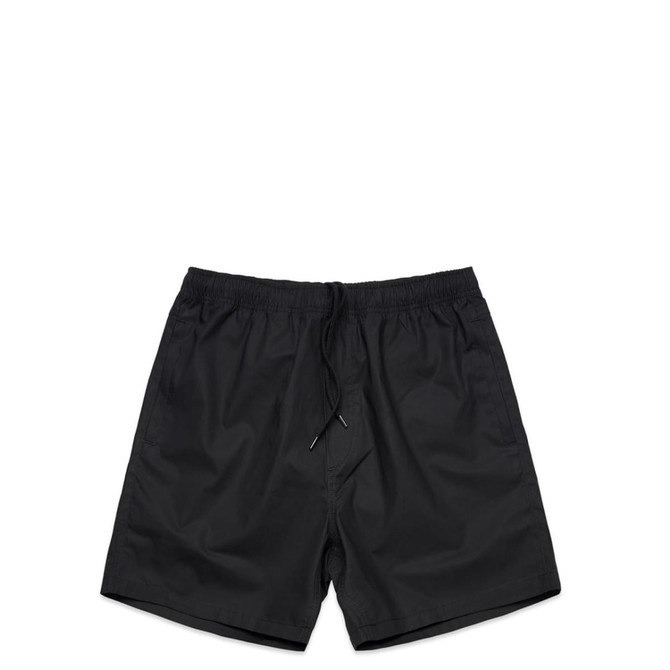 A pair of black sports shorts with an elastic waistband and drawstring. Features branding.