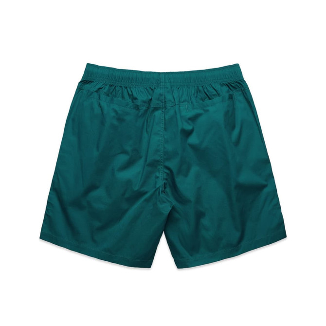 Teal beach shorts with an elastic waistband and a simple design. The back view showcases its lightweight fabric.