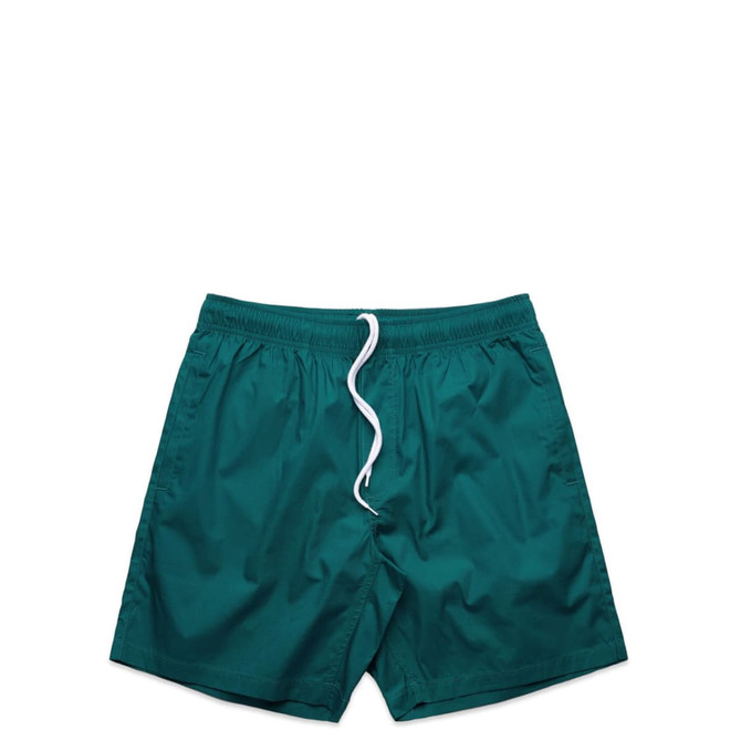 Teal sports shorts with a drawstring waistband, featuring a logo on the back. Ideal for beach activities.