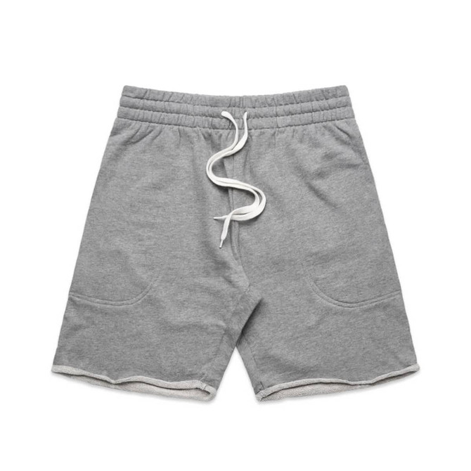 Grey track shorts with an elasticated waistband and drawstring, featuring two side pockets and a raw hem.