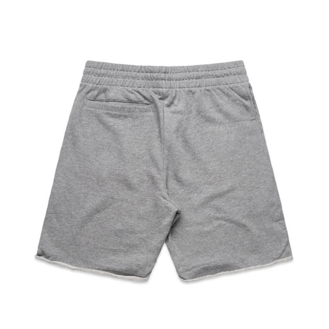 A pair of grey track shorts featuring an elastic waistband and back pocket, with a branding logo.