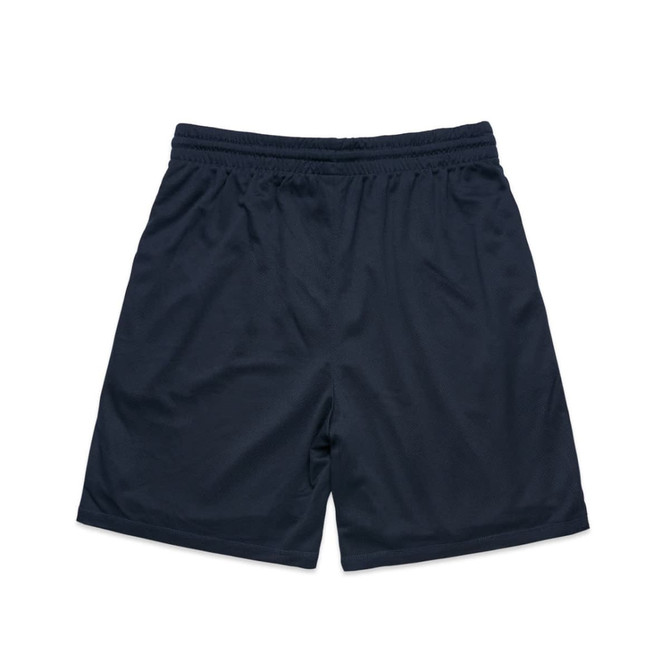 Navy sports shorts with an elastic waistband and no pockets, featuring a logo.